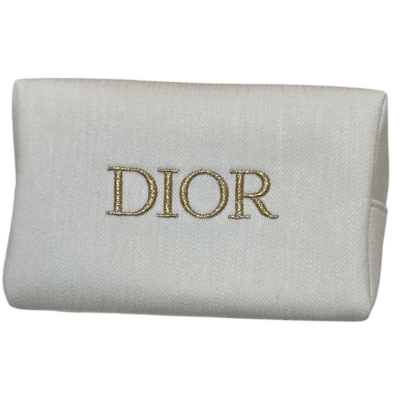 DIOR NIB Creme White Denim Cosmetic Case Pouch Makeup Bag Metallic Gold LOGO - Picture 2 of 5